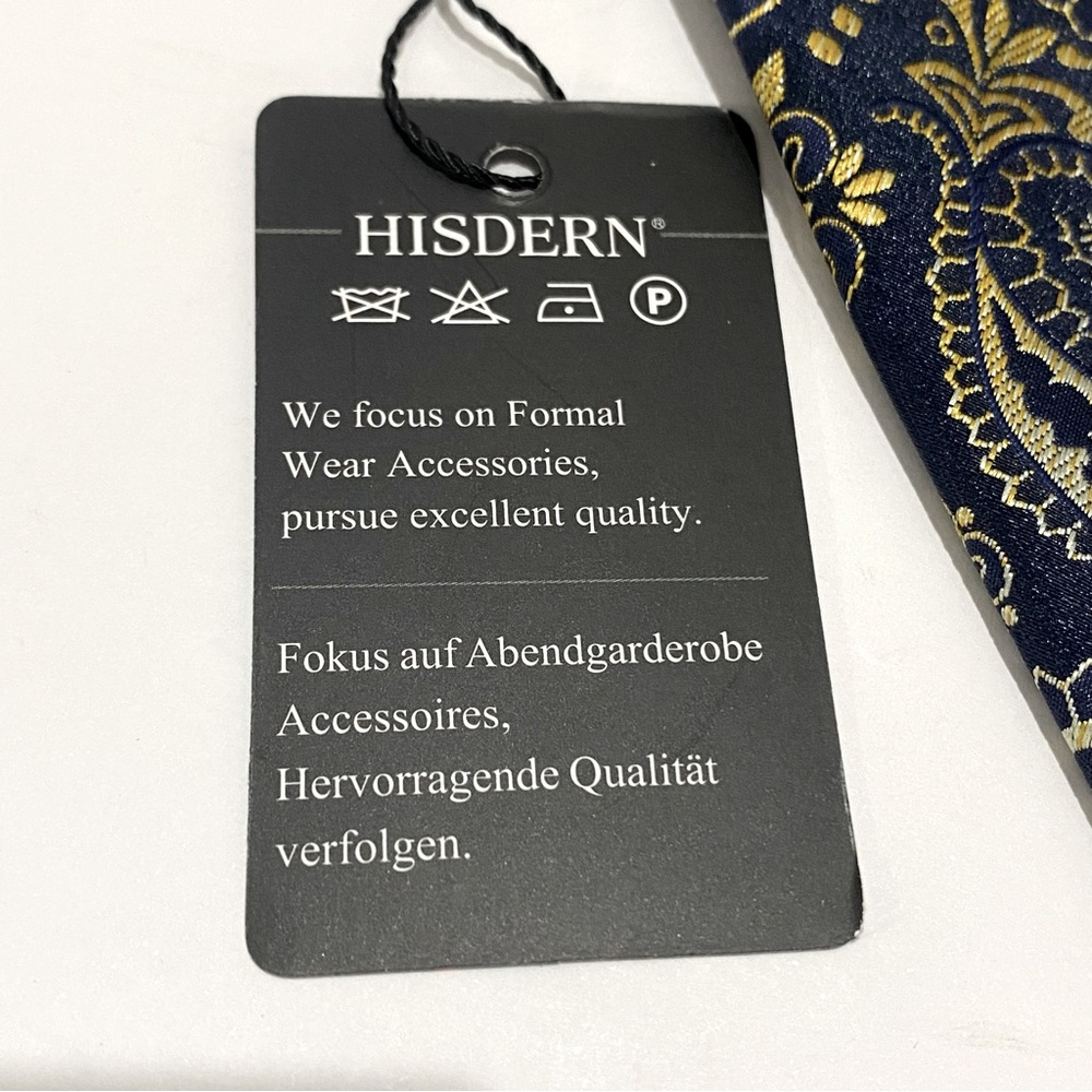 NWT Hisdern Navy Blue Tie W/Gold Paisley Print Handmade XL 62" Elegant Business - Picture 7 of 7
